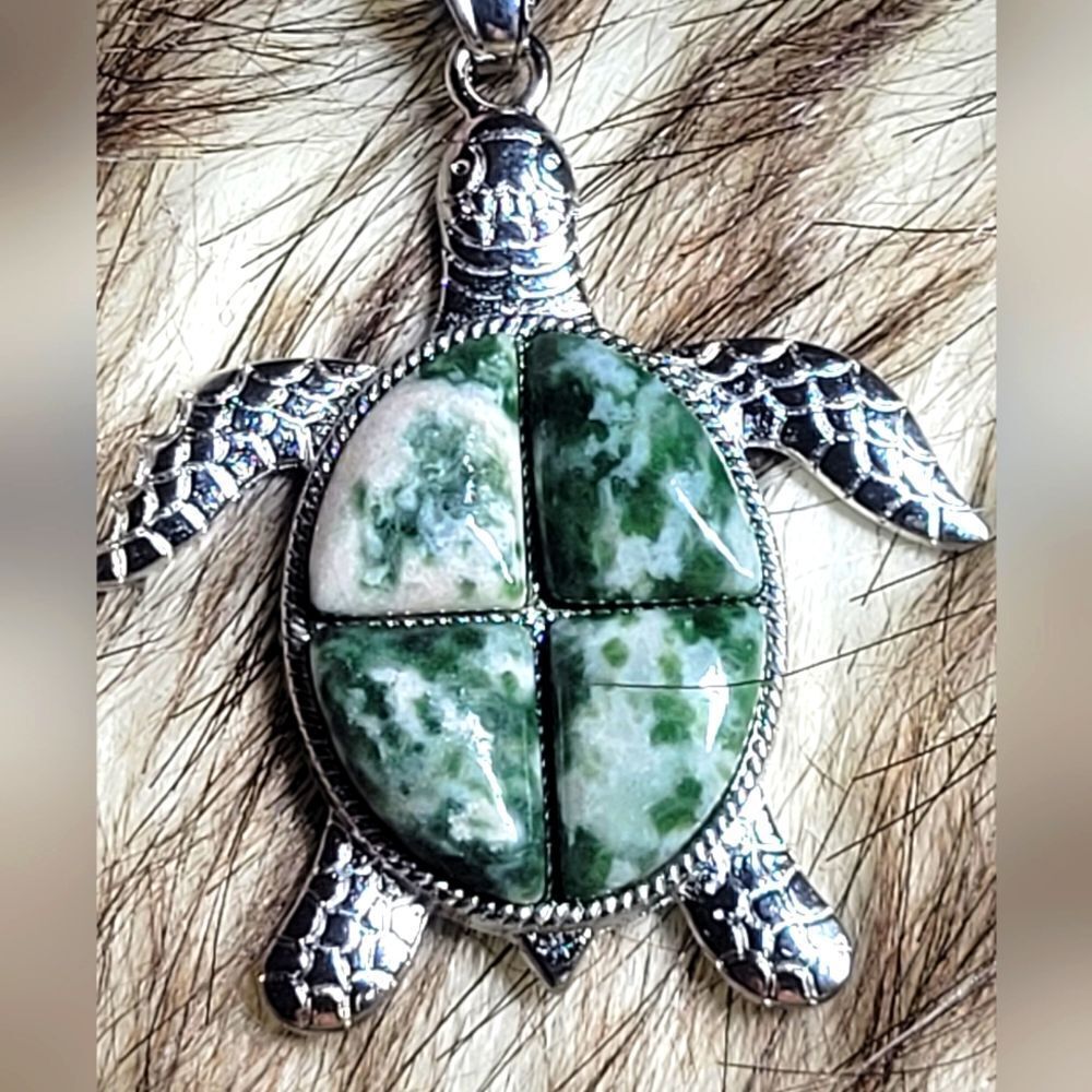 Green Spot Agate Turtle Necklace